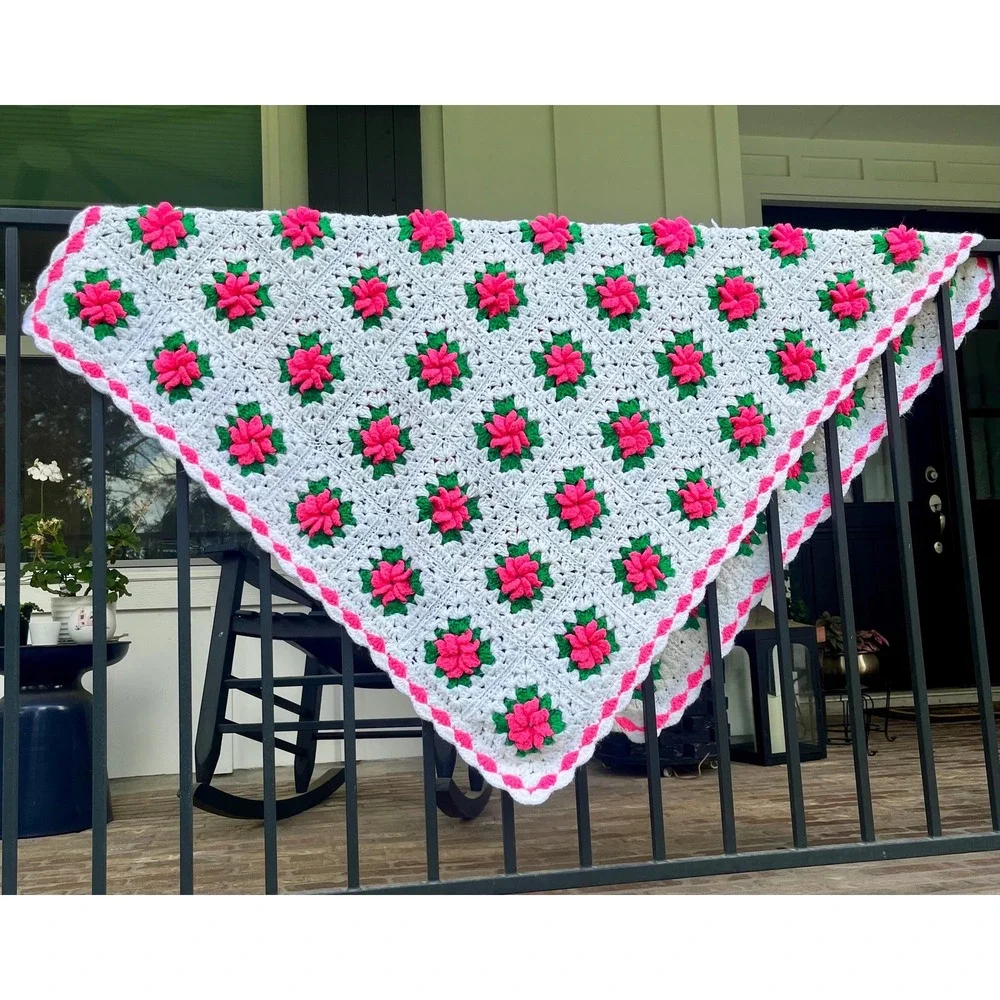 Vintage Crocheted 3D Hot Pink Rose Granny Square Throw 41x55